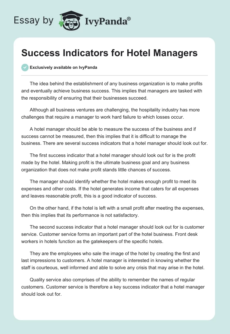 Success Indicators for Hotel Managers. Page 1