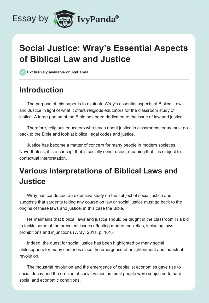Social Justice: Wray’s Essential Aspects of Biblical Law and Justice . Page 1
