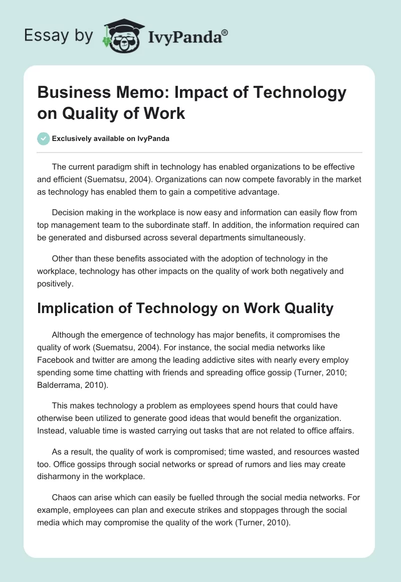 Business Memo: Impact of Technology on Quality of Work. Page 1