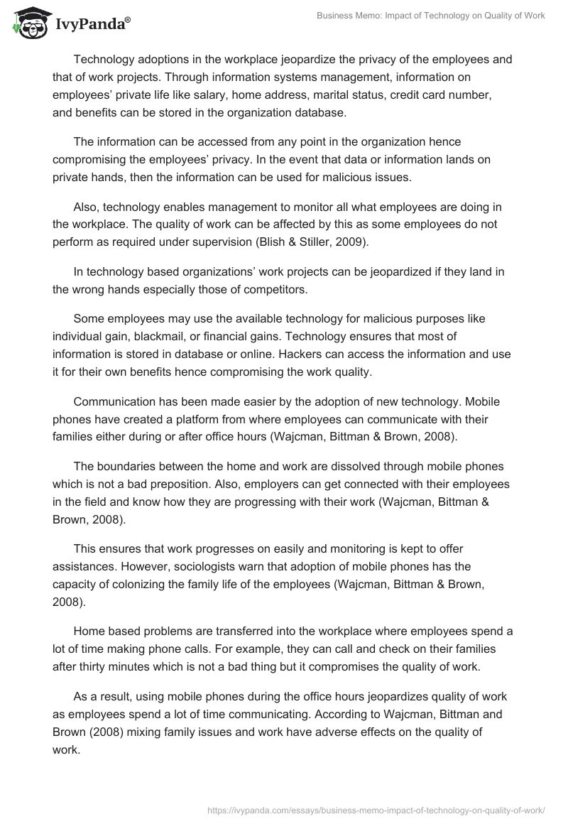 Business Memo: Impact of Technology on Quality of Work. Page 2