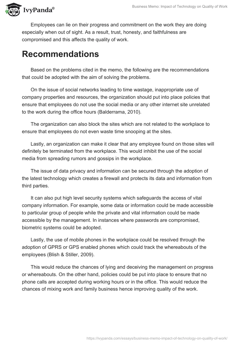 Business Memo: Impact of Technology on Quality of Work. Page 3