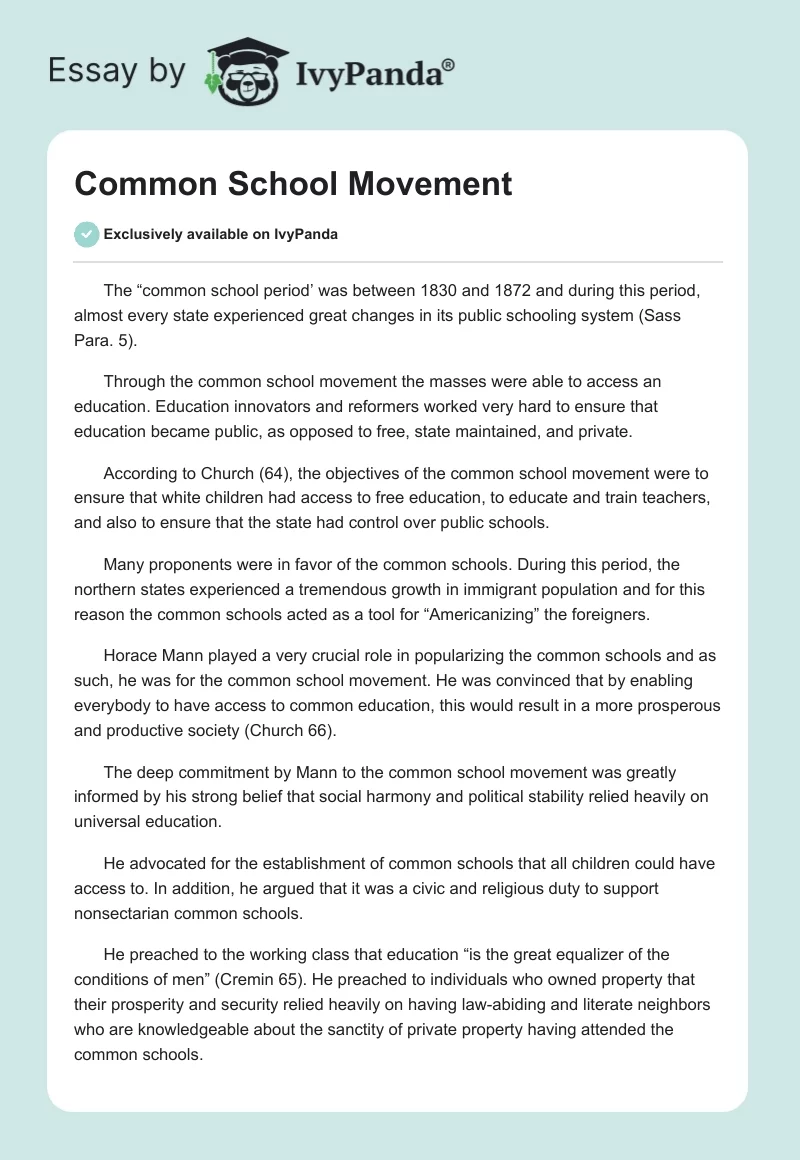 Common School Movement. Page 1