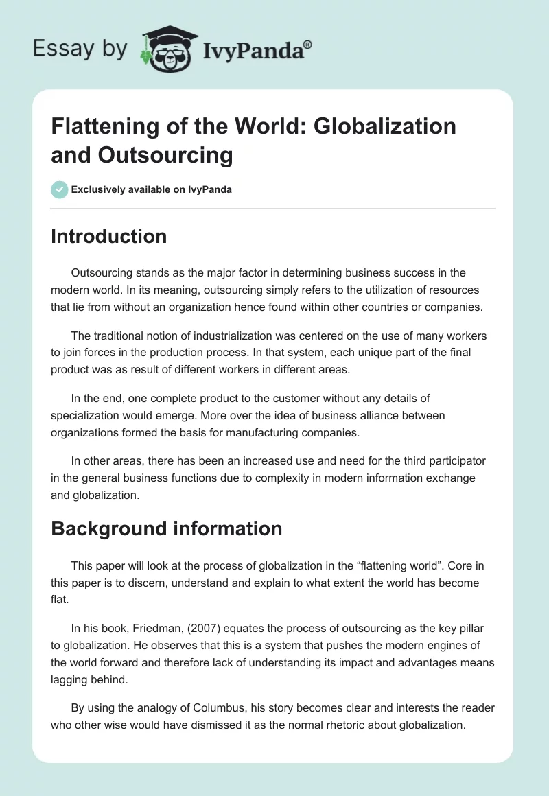 Flattening of the World: Globalization and Outsourcing - 2656 Words ...