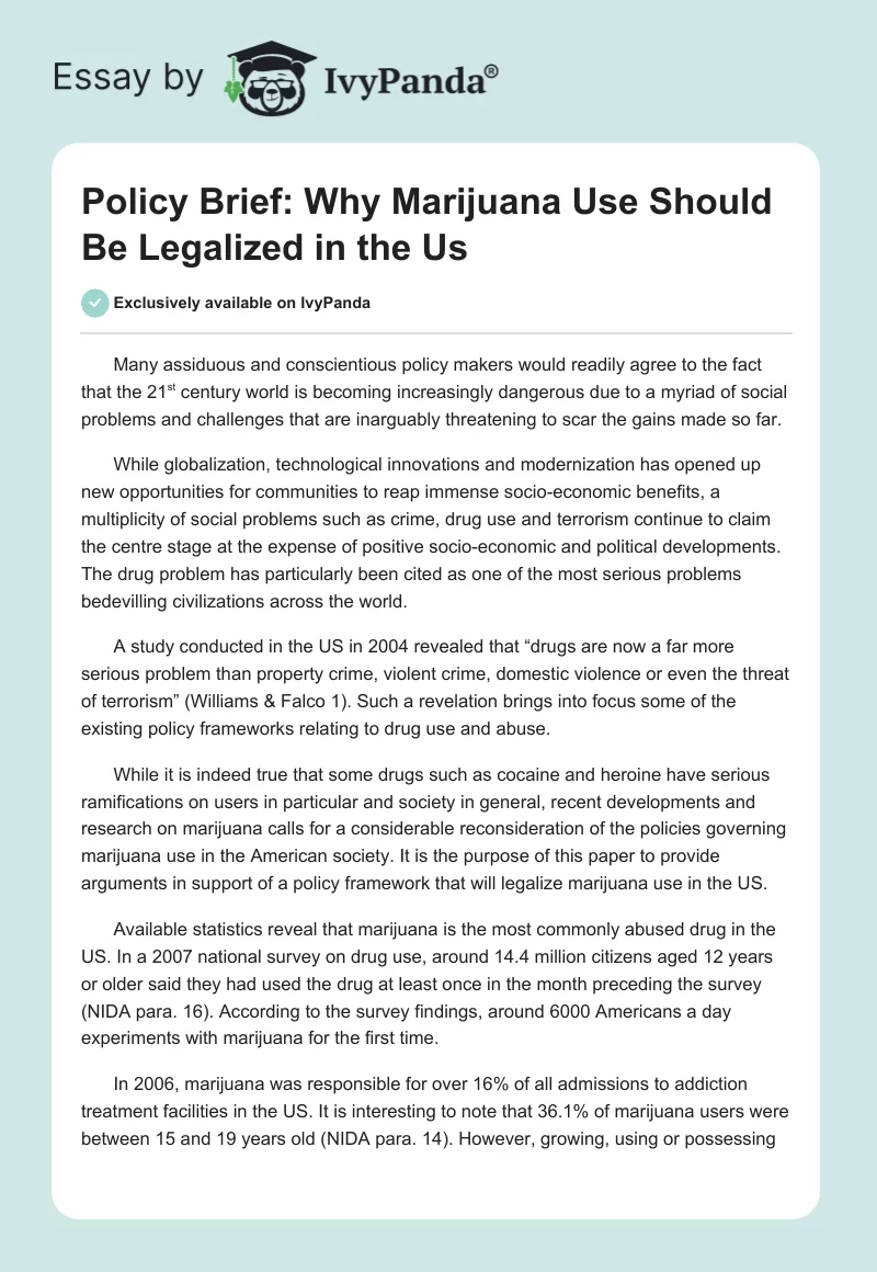 Policy Brief: Why Marijuana Use Should Be Legalized in the Us. Page 1