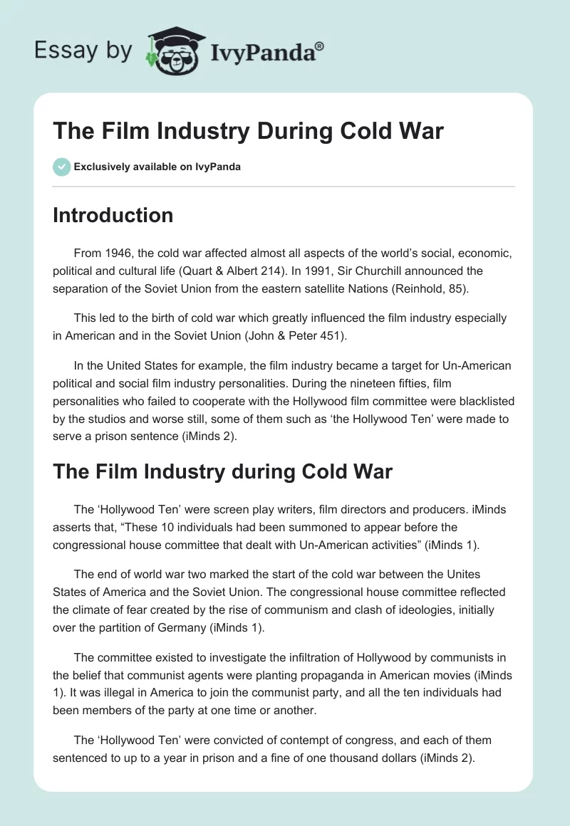 The Film Industry During Cold War. Page 1