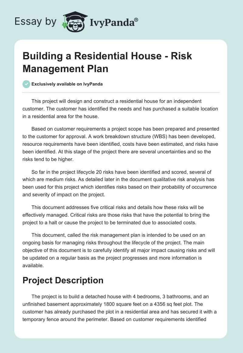 Building a Residential House - Risk Management Plan. Page 1