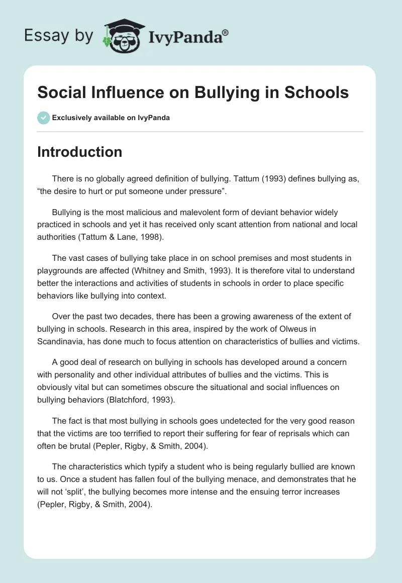 Social Influence on Bullying in Schools. Page 1