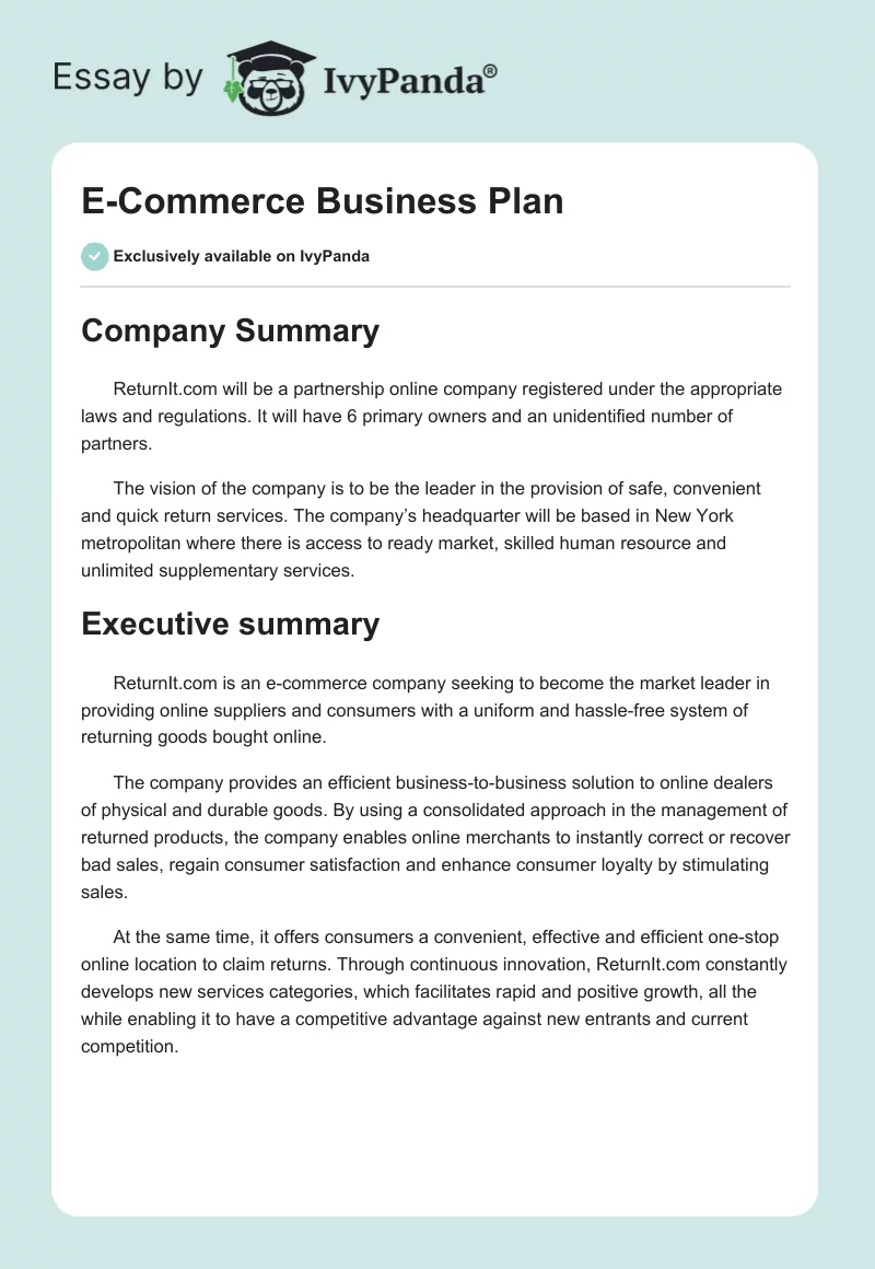 E-Commerce Business Plan. Page 1