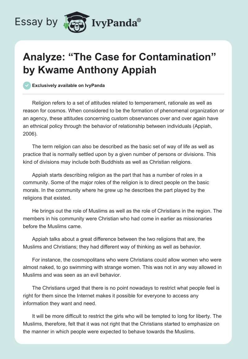Analyze: “The Case for Contamination” by Kwame Anthony Appiah. Page 1