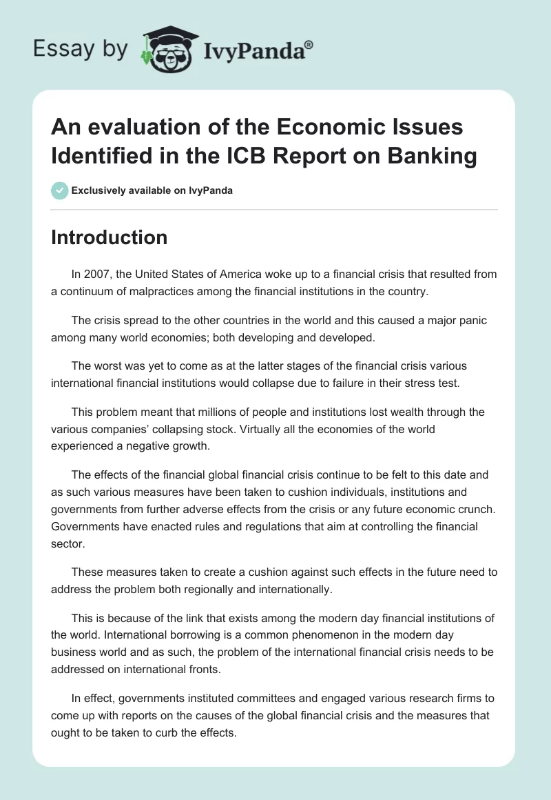 An Evaluation of the Economic Issues Identified in the ICB Report on Banking. Page 1