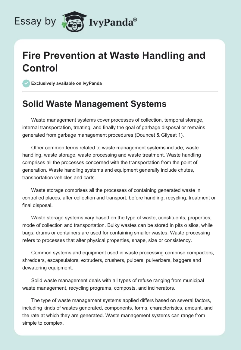 Fire Prevention at Waste Handling and Control. Page 1