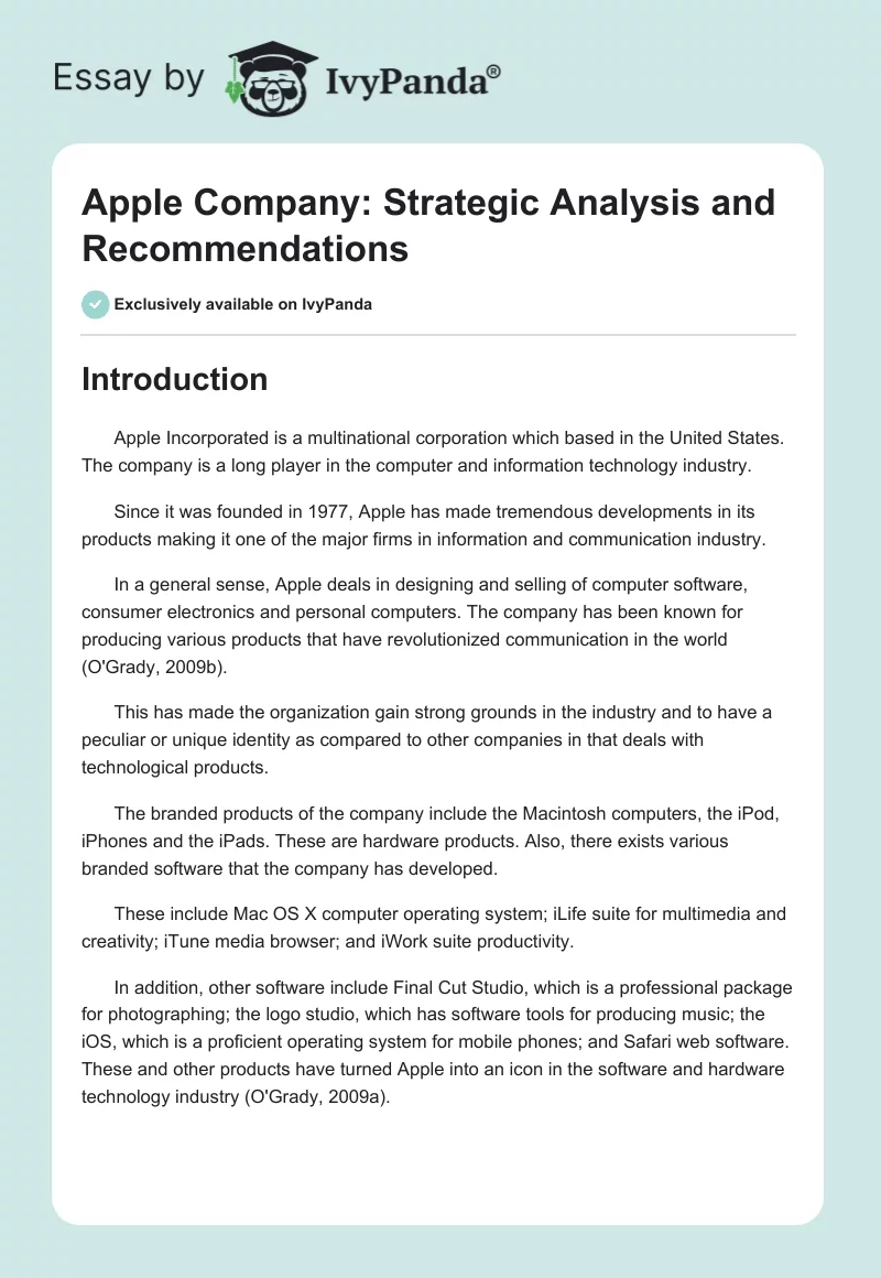 Apple Company: Strategic Analysis and Recommendations. Page 1