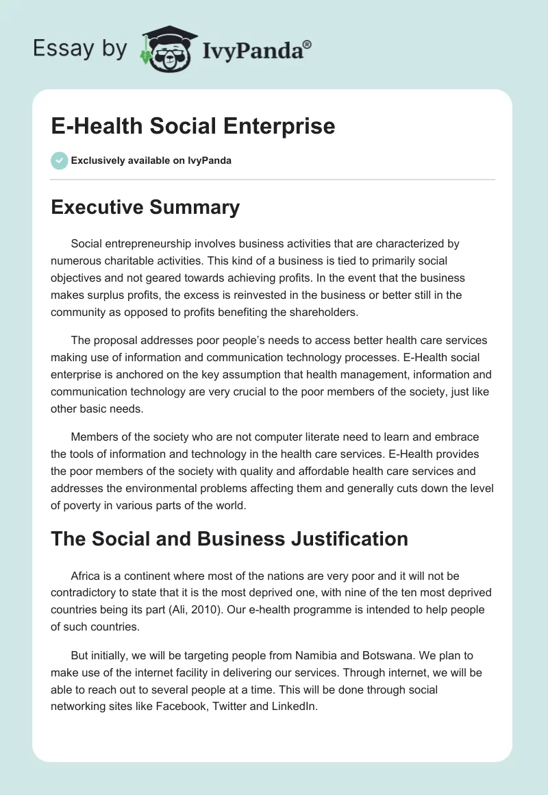 E-Health Social Enterprise. Page 1