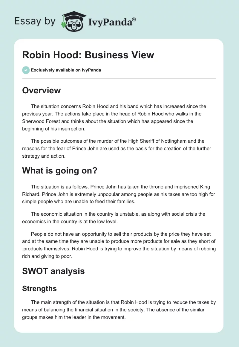 Robin Hood: Business View. Page 1