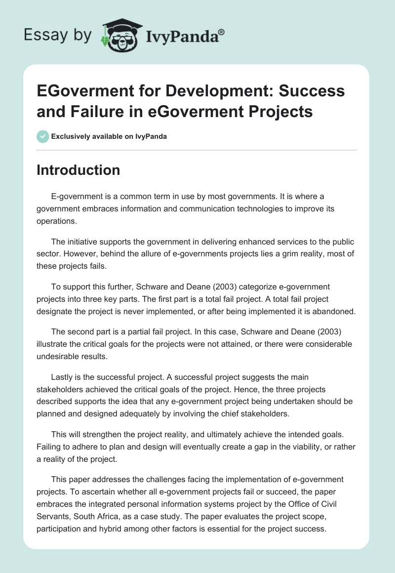 EGoverment for Development: Success and Failure in eGoverment Projects. Page 1
