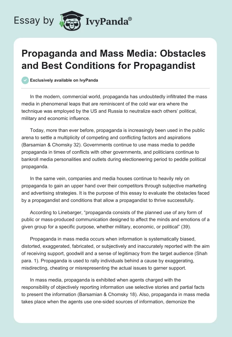 Propaganda and Mass Media: Obstacles and Best Conditions for Propagandist. Page 1