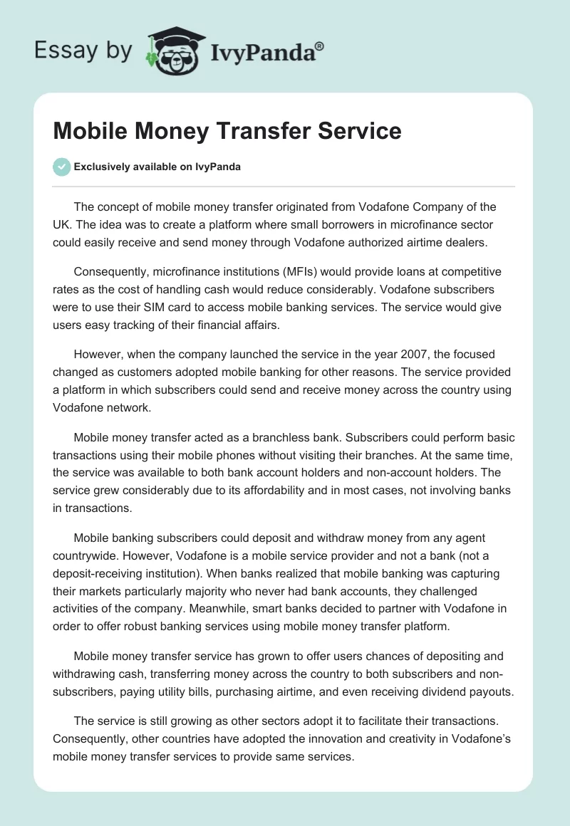 Mobile Money Transfer Service. Page 1