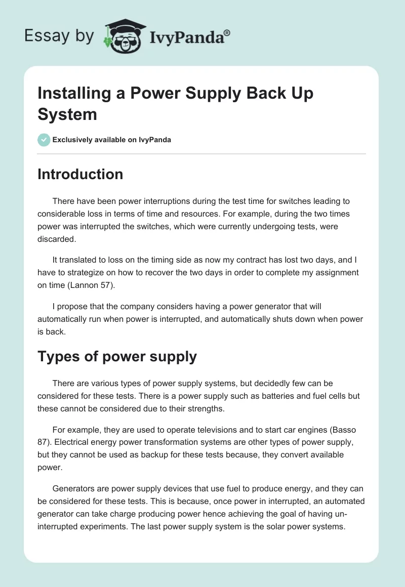 Installing a Power Supply Back Up System. Page 1