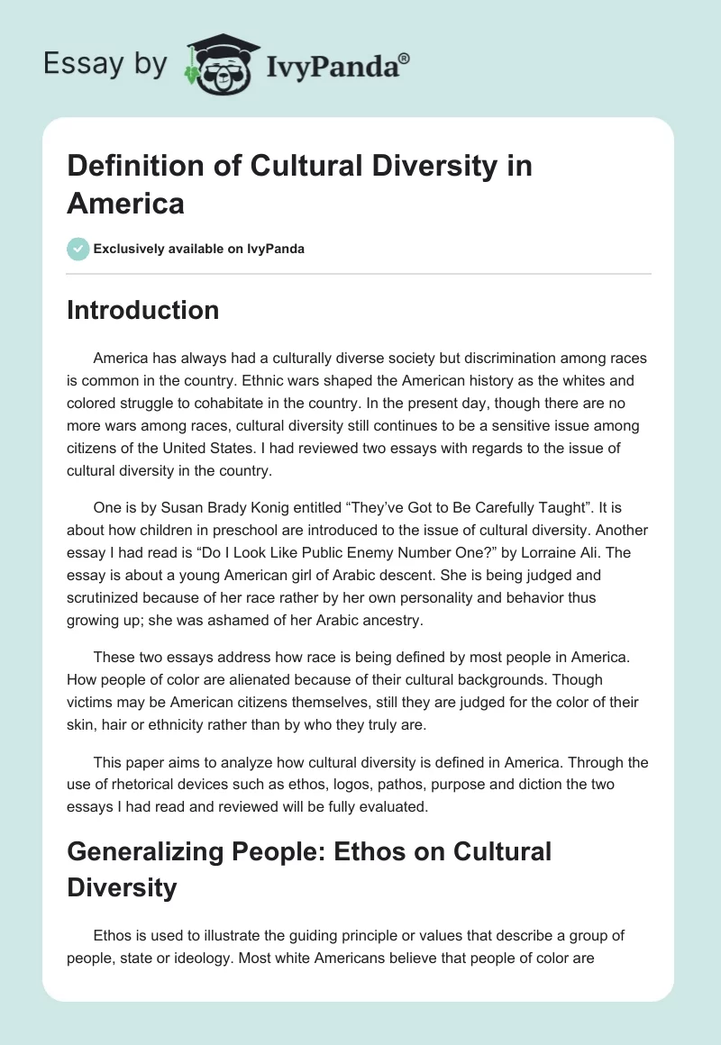 Definition of Cultural Diversity in America. Page 1