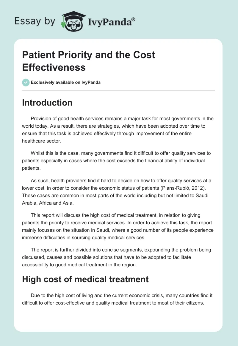 Patient Priority and the Cost Effectiveness. Page 1