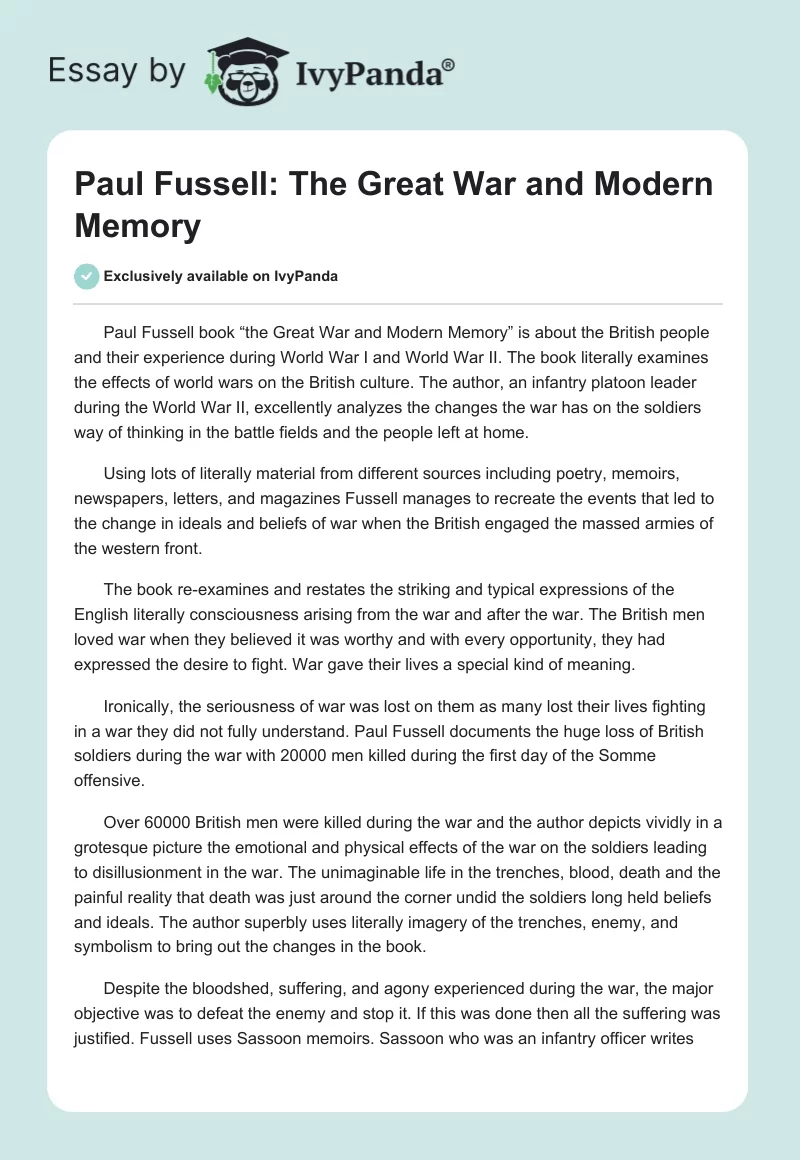 Paul Fussell: The Great War and Modern Memory. Page 1