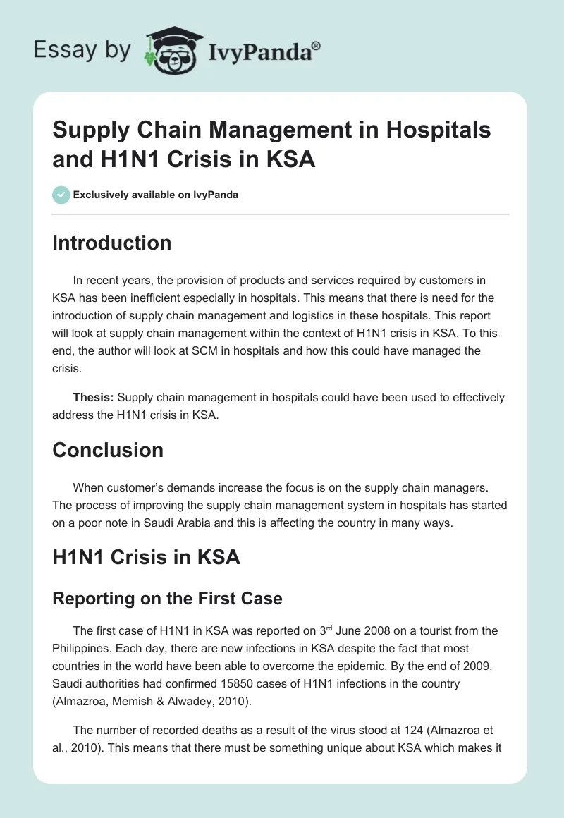 Supply Chain Management in Hospitals and H1N1 Crisis in KSA. Page 1