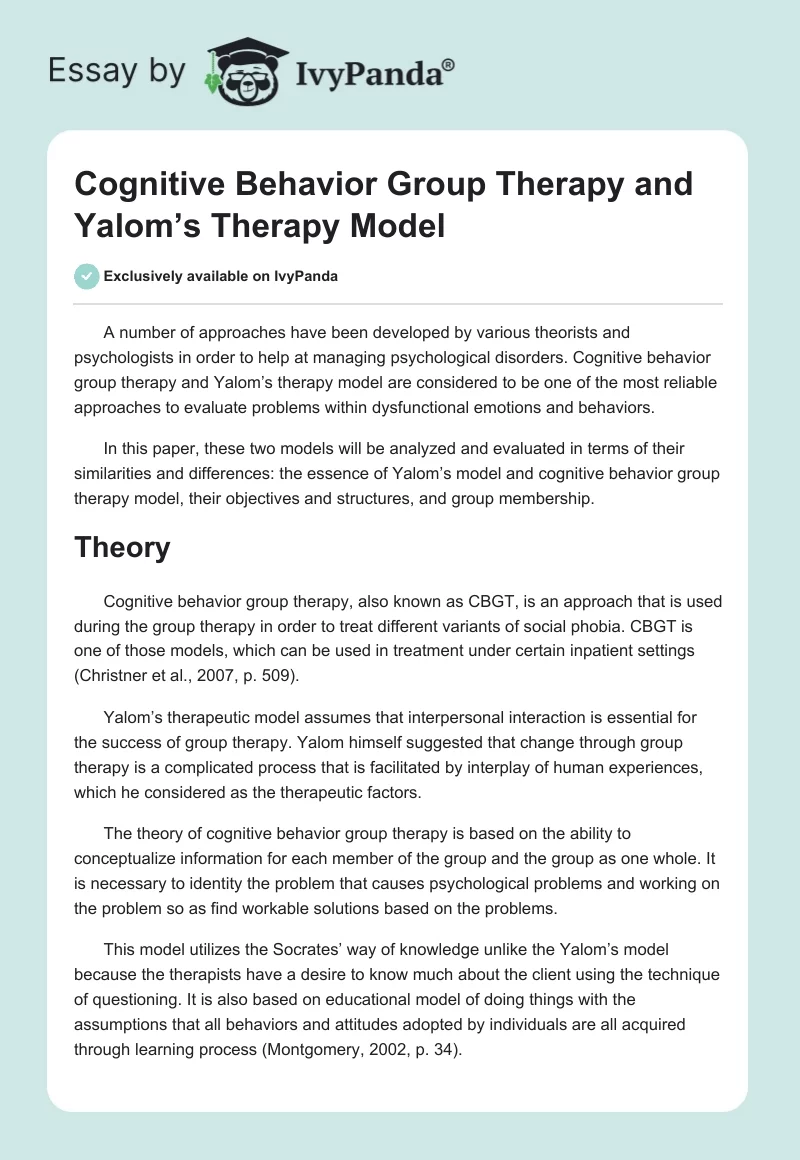 Cognitive Behavior Group Therapy and Yalom’s Therapy Model. Page 1