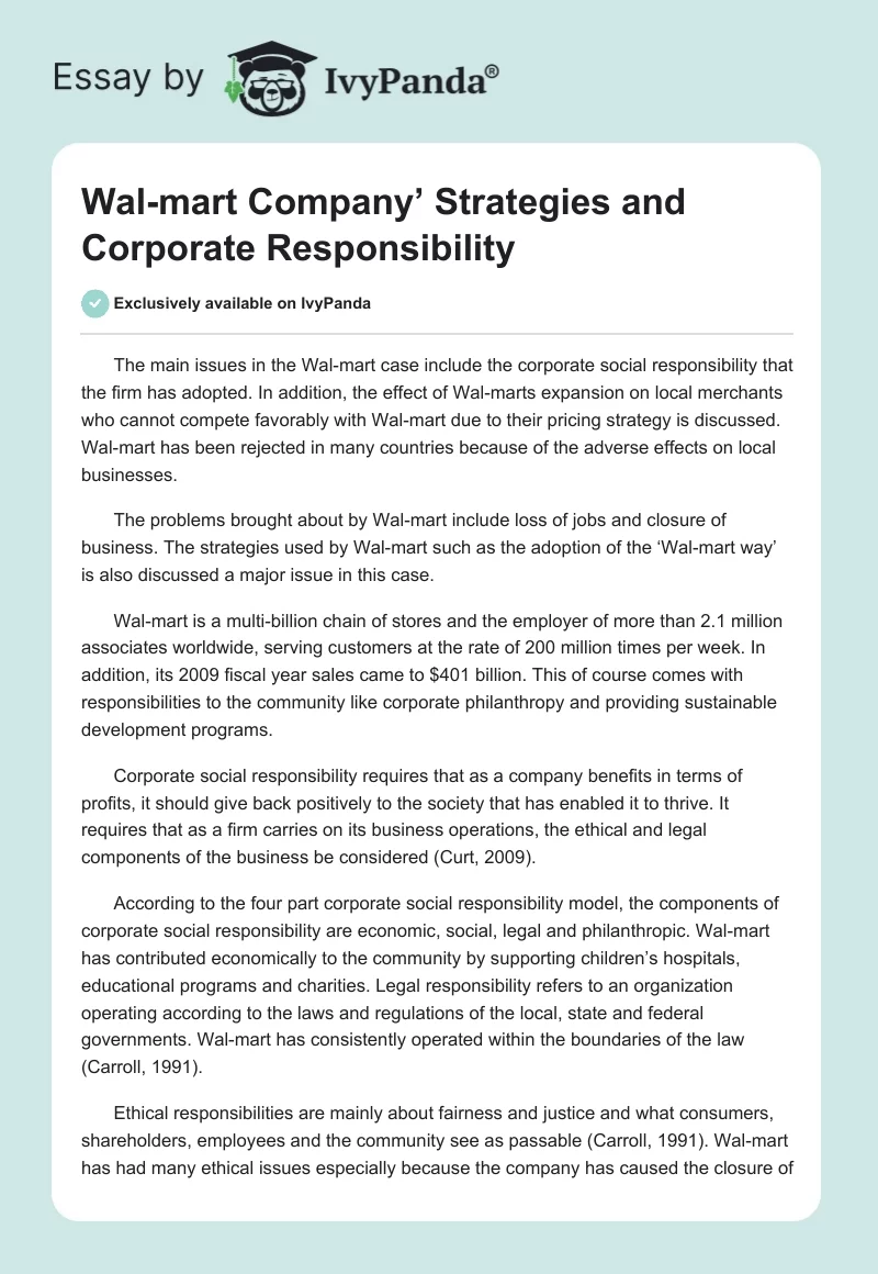 Wal-Mart Company’ Strategies and Corporate Responsibility. Page 1
