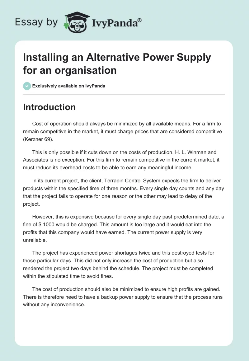 Installing an Alternative Power Supply for an organisation. Page 1