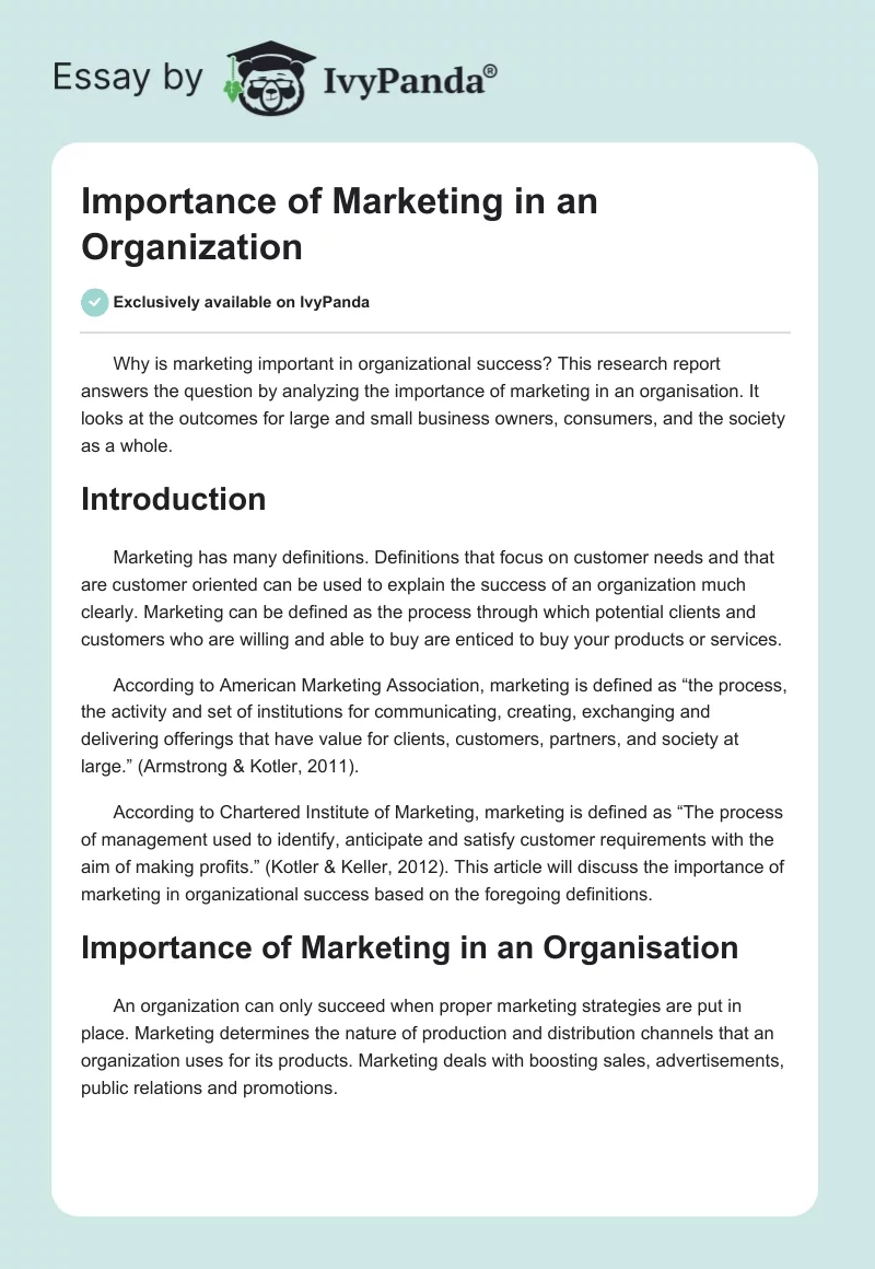 Importance of Marketing in an Organization. Page 1