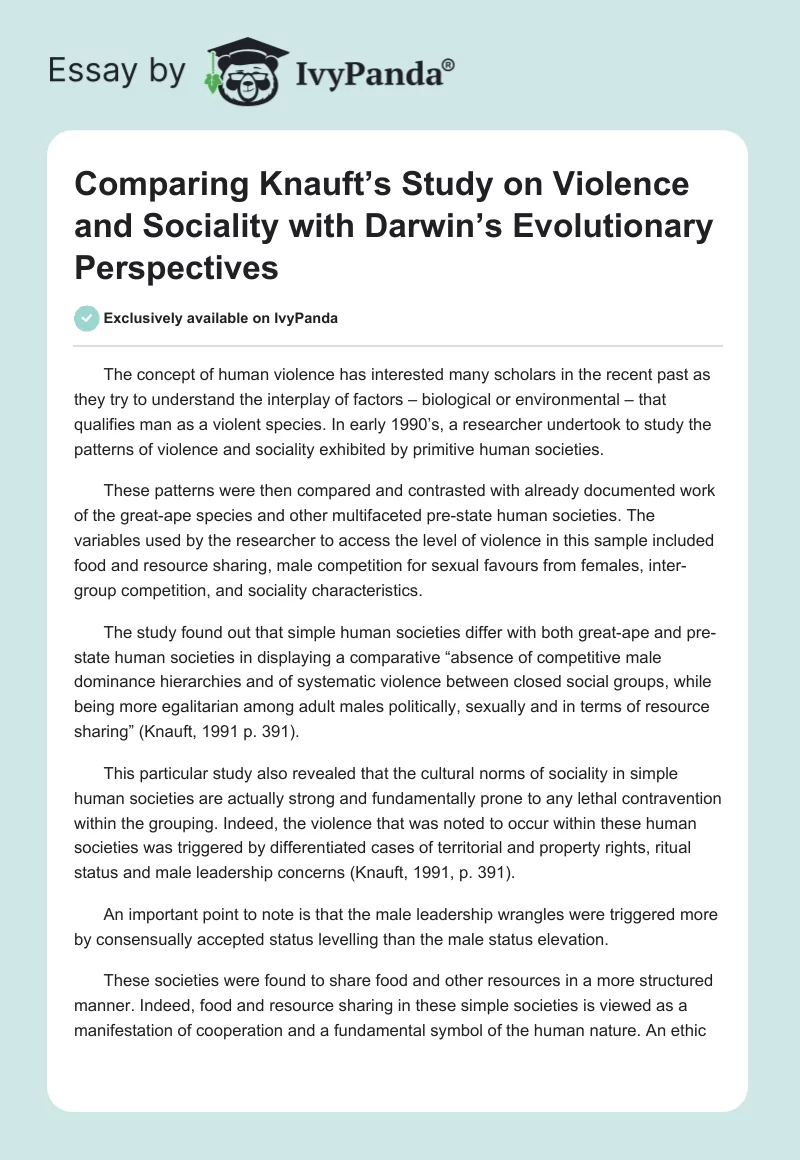 Comparing Knauft’s Study on Violence and Sociality with Darwin’s Evolutionary Perspectives. Page 1
