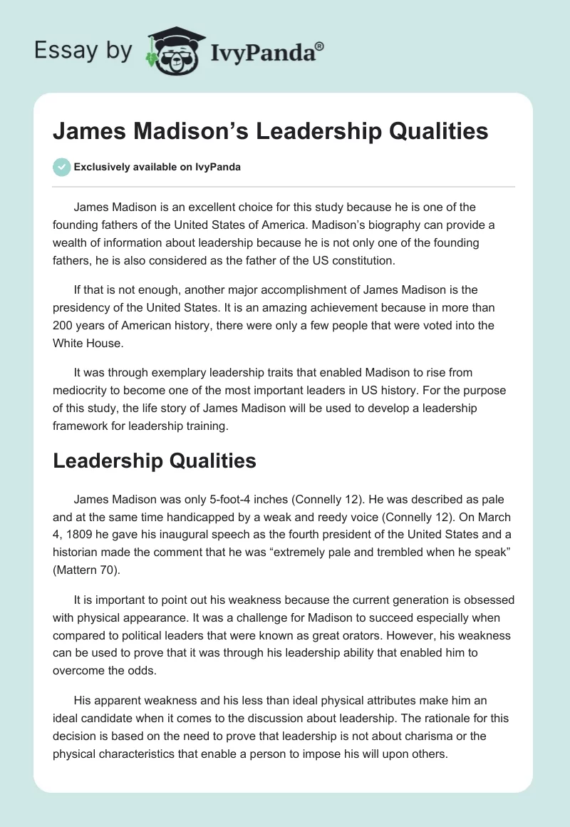 James Madison’s Leadership Qualities. Page 1