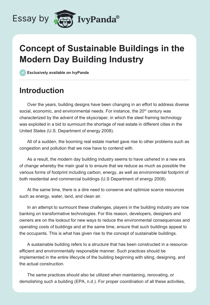 Concept of Sustainable Buildings in the Modern Day Building Industry. Page 1