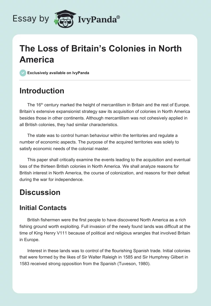 The Loss of Britain’s Colonies in North America. Page 1
