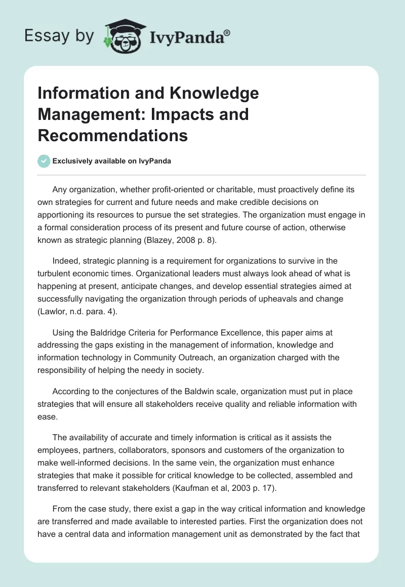 Information and Knowledge Management: Impacts and Recommendations. Page 1