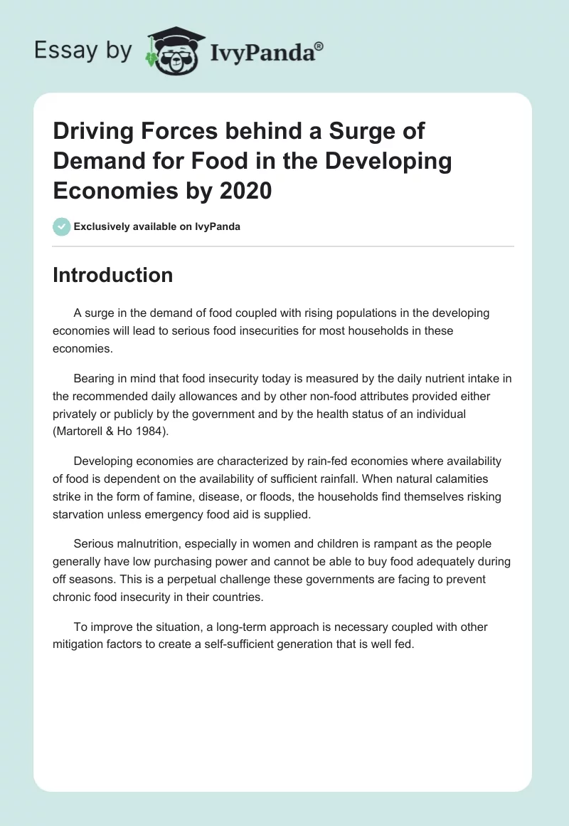 Driving Forces behind a Surge of Demand for Food in the Developing Economies by 2020. Page 1