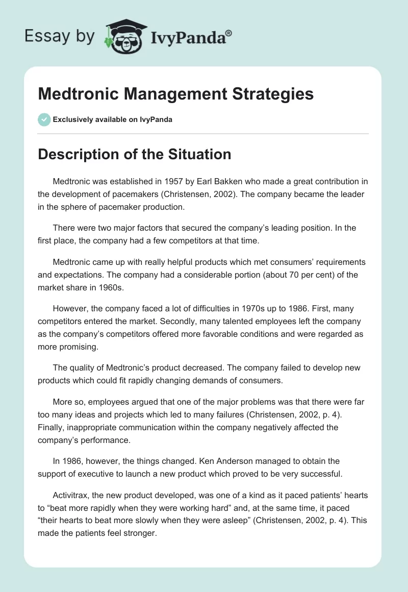 Medtronic Management Strategies. Page 1