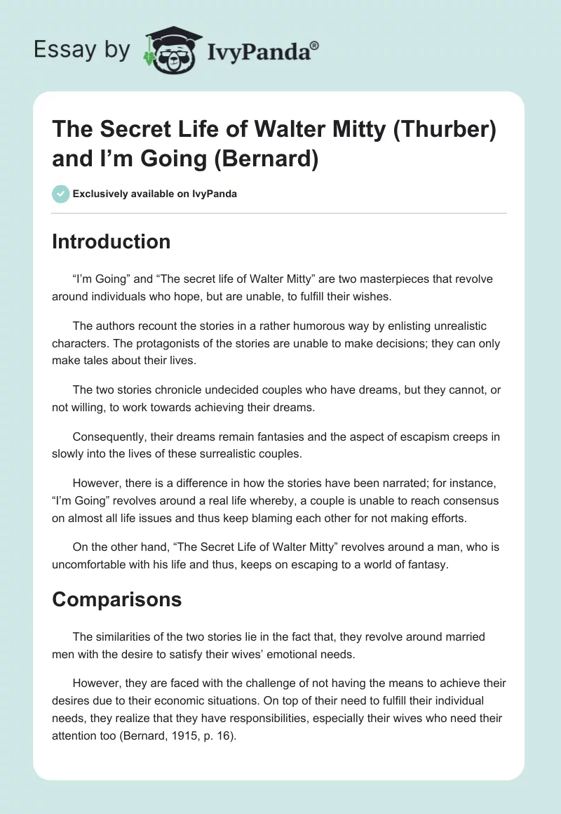 The Secret Life of Walter Mitty (Thurber) and I’m Going (Bernard). Page 1