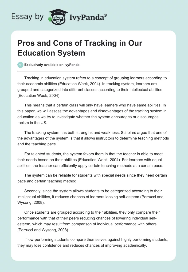 Pros and Cons of Tracking in Our Education System. Page 1