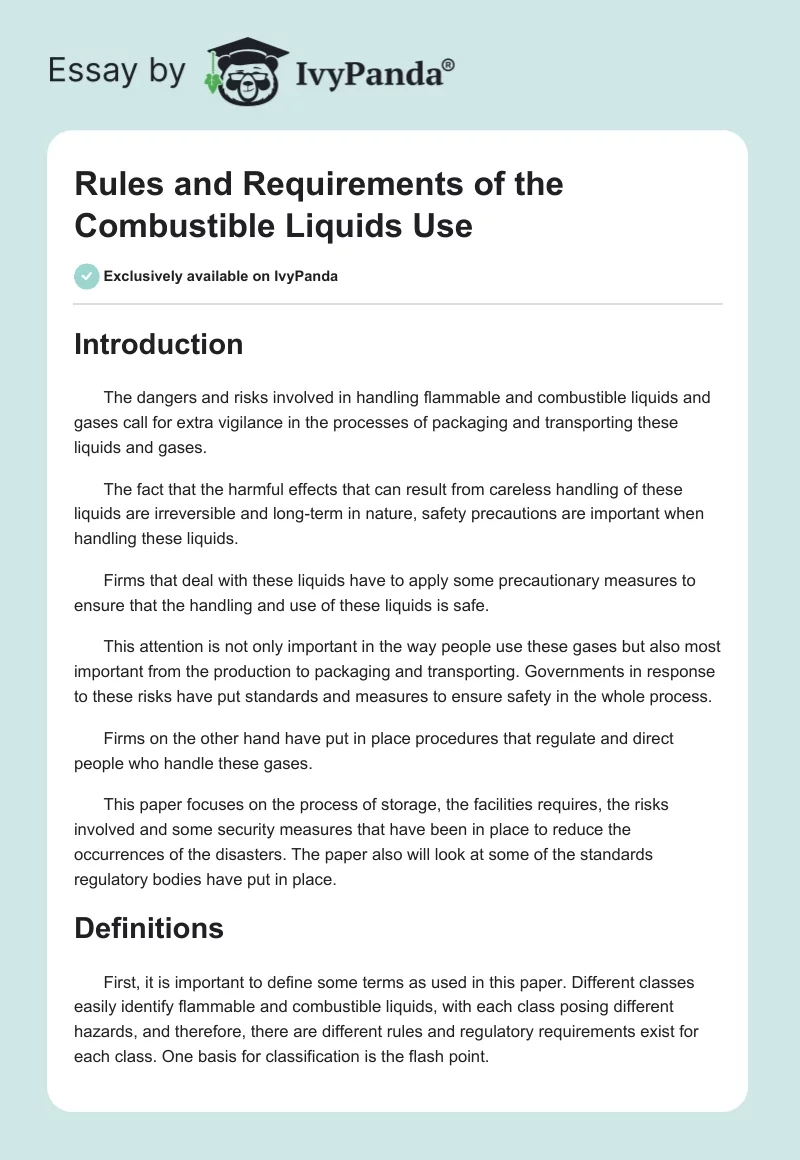 Rules and Requirements of the Combustible Liquids Use. Page 1