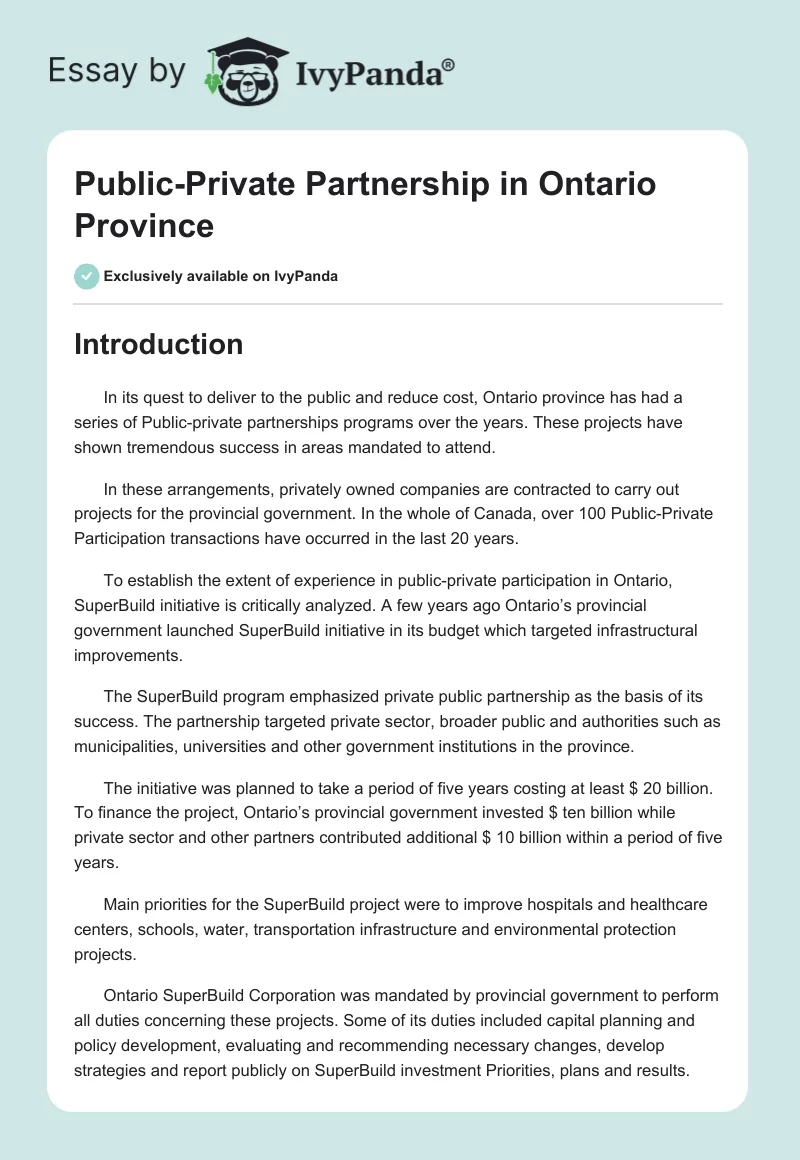 Public-Private Partnership in Ontario Province. Page 1