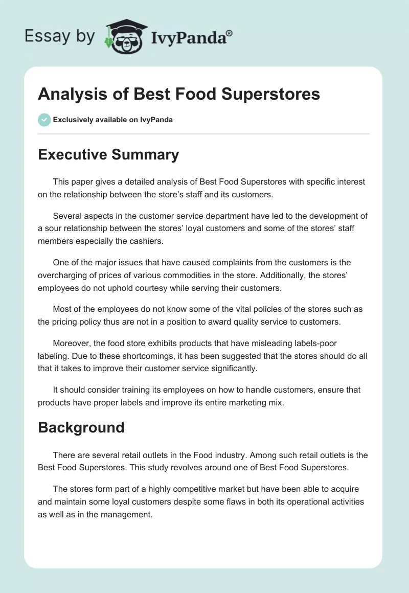 Analysis of Best Food Superstores. Page 1