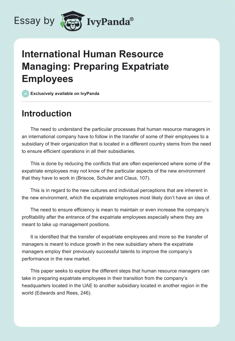 International Human Resource Managing: Preparing Expatriate Employees. Page 1