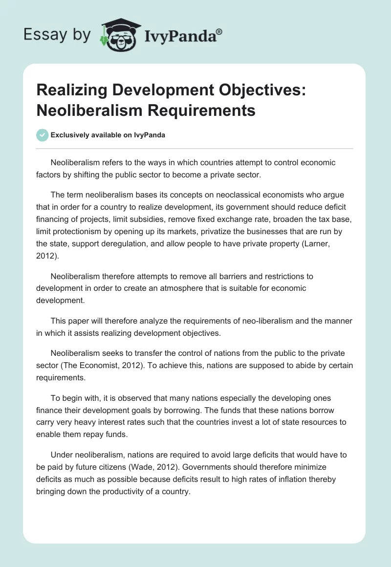 Realizing Development Objectives: Neoliberalism Requirements. Page 1