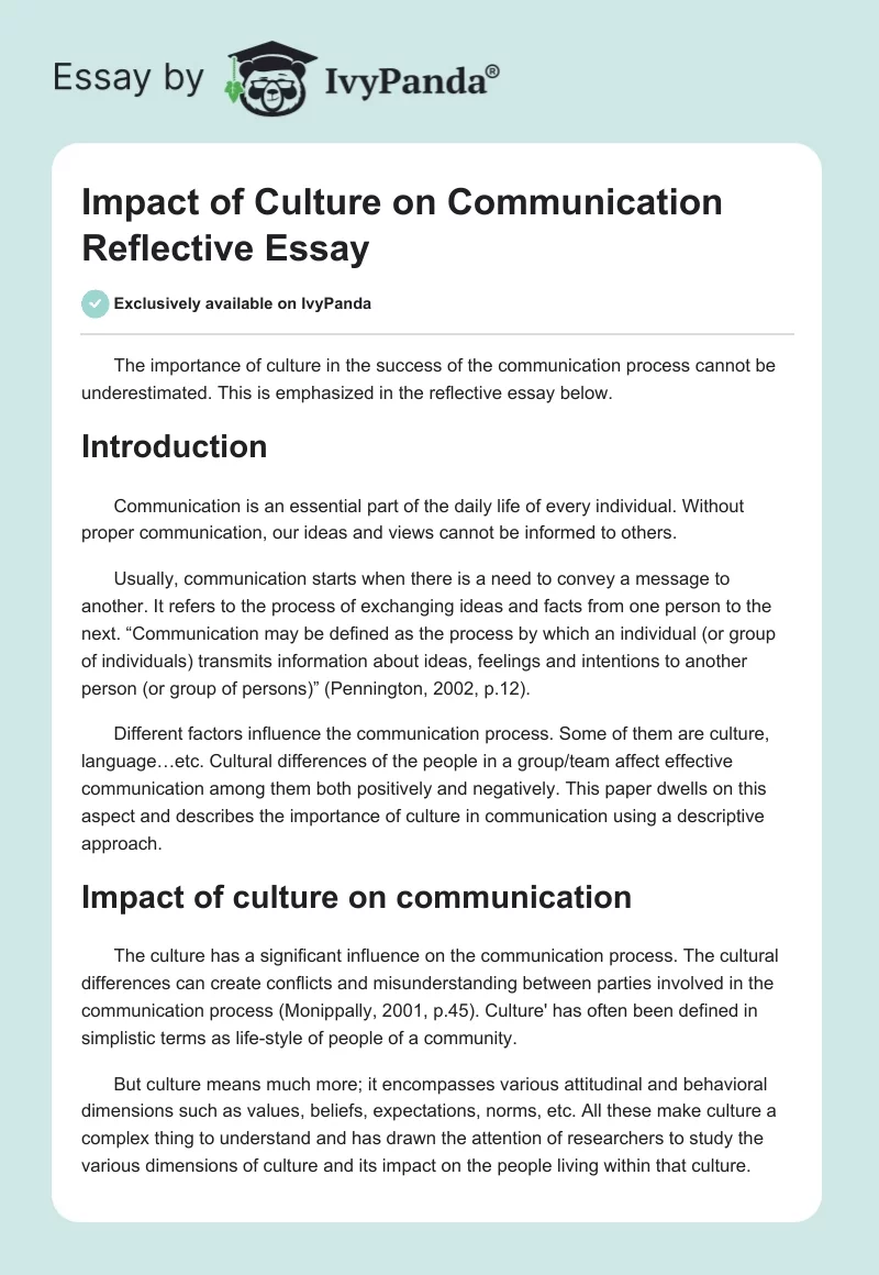 Impact of Culture on Communication Reflective Essay. Page 1