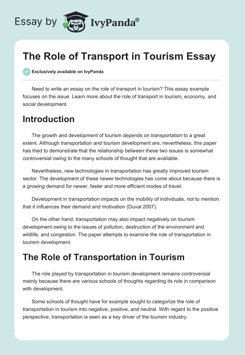 The Role of Transport in Tourism Essay. Page 1