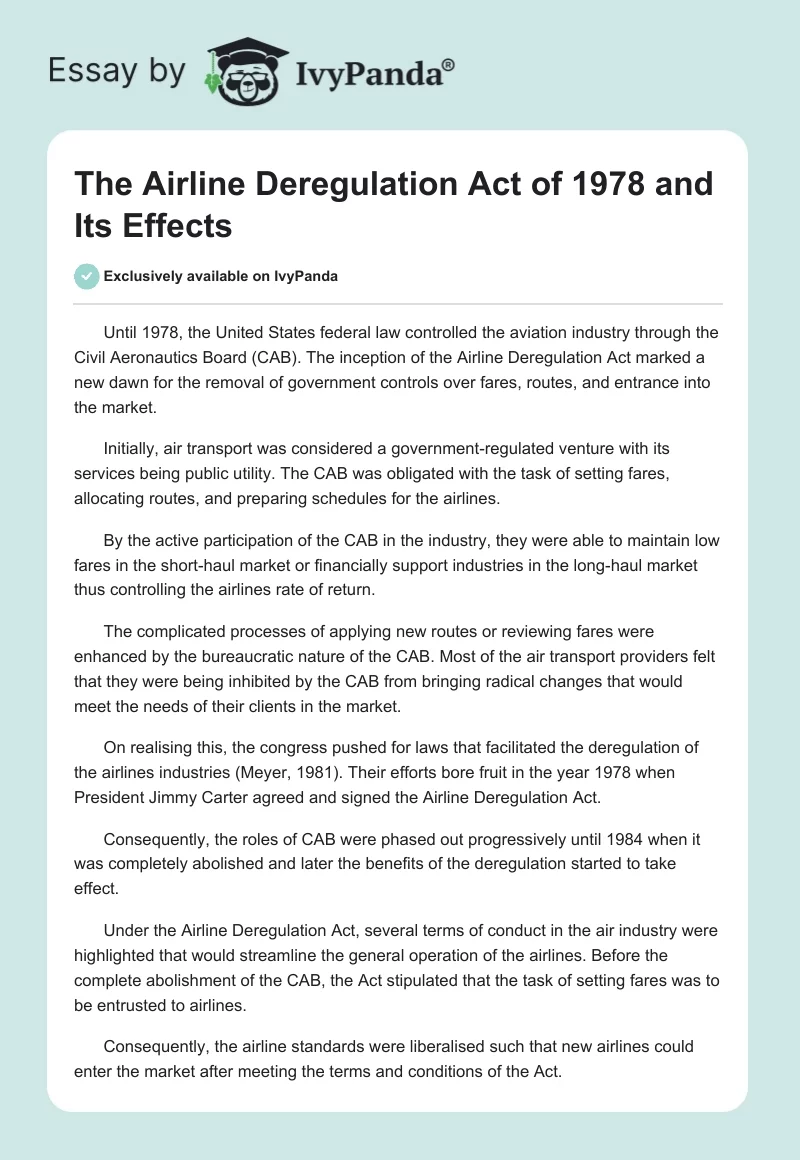The Airline Deregulation Act of 1978 and Its Effects. Page 1