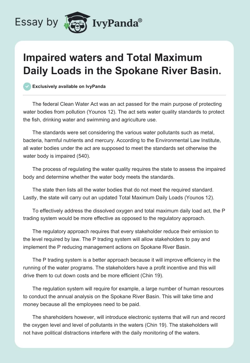 Impaired waters and Total Maximum Daily Loads in the Spokane River Basin.. Page 1