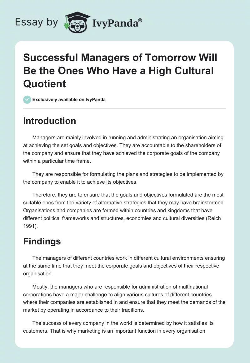 Successful Managers of Tomorrow Will Be the Ones Who Have a High Cultural Quotient. Page 1
