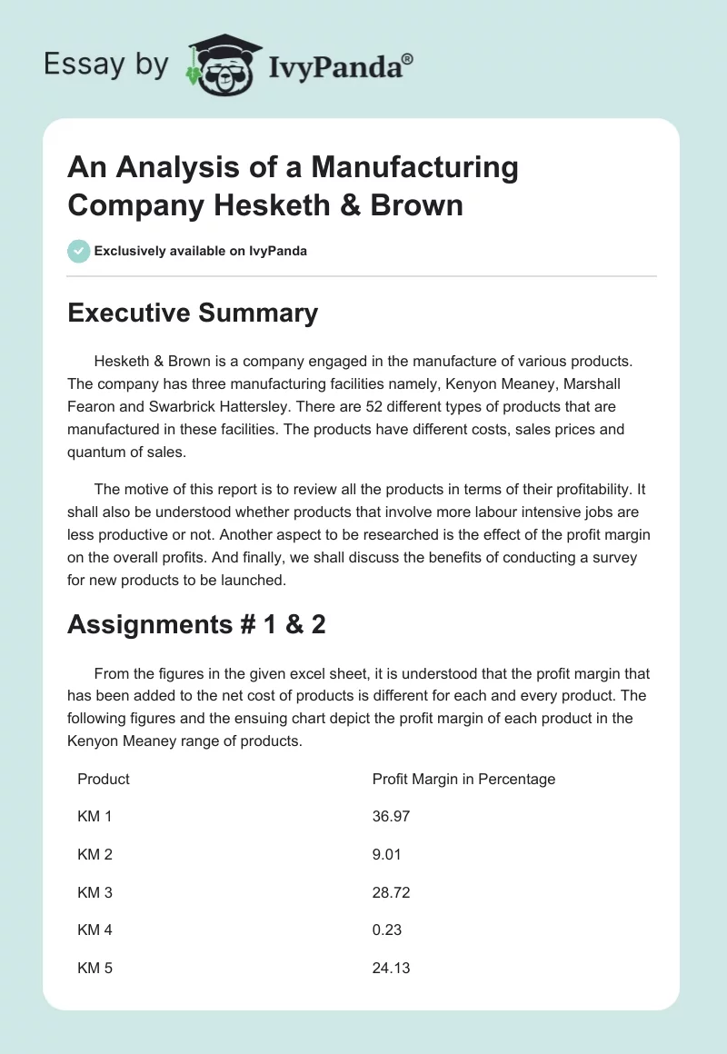 An Analysis of a Manufacturing Company Hesketh & Brown. Page 1